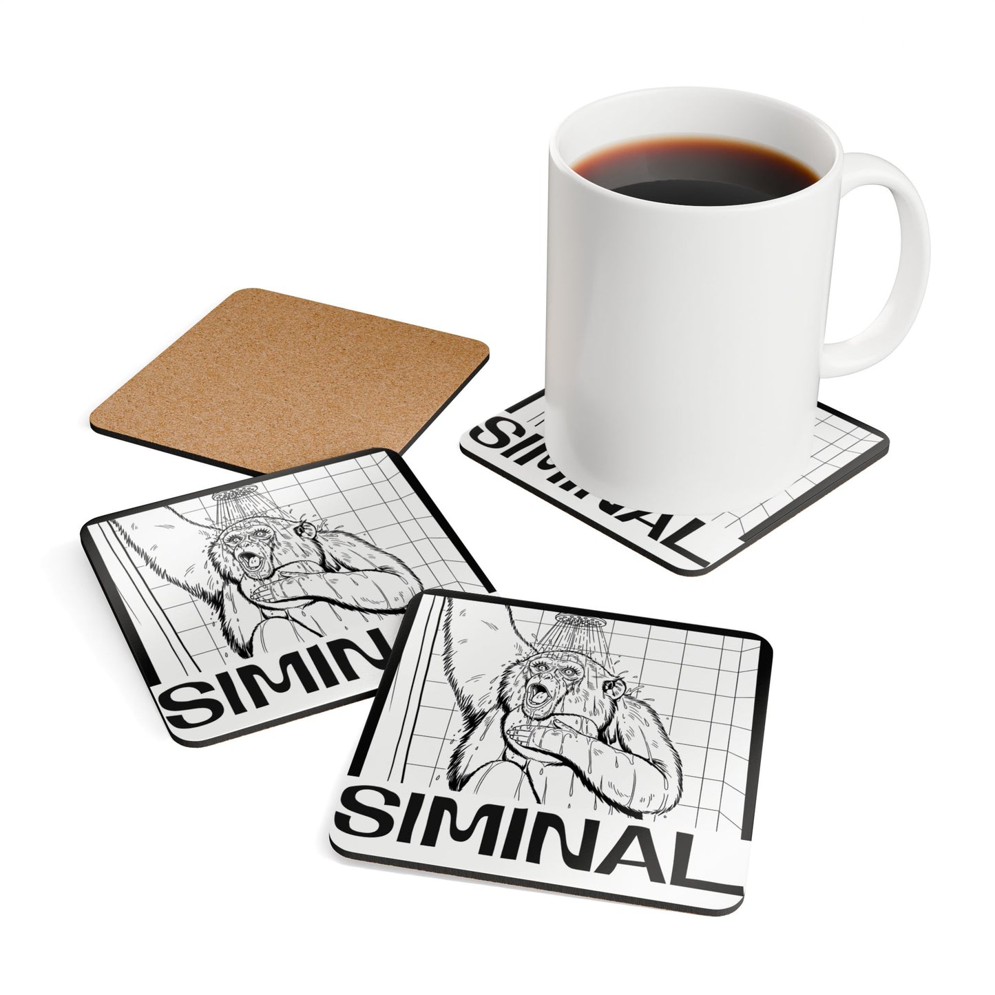 Showering Gibbon Coaster Corkwood Coaster Set